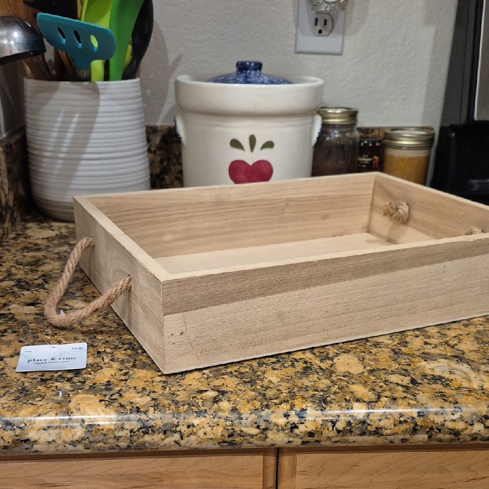 Rustic Tan Wooden Vanity Tray with Rope Handles